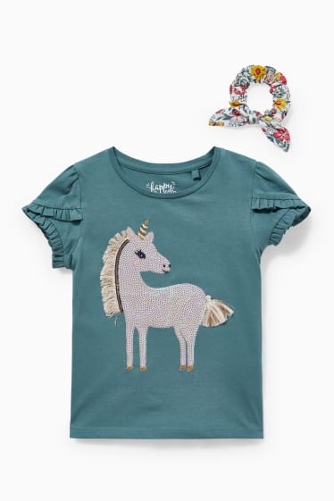 Kinderen - Eenhoorn - set - T-shirt en scrunchie - 2-delig - donkergroen