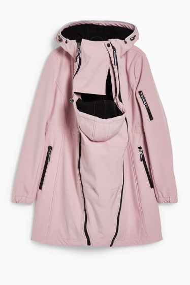 Dámské - Softshellová těhotenská bunda s kapucí - nosící - narůžovělá