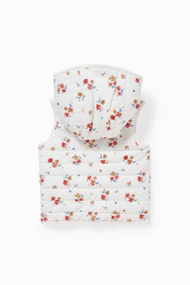 Neonati - Giubbino trapuntato con cappuccio per neonate - a fiori - bianco crema