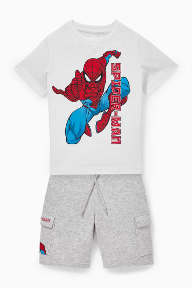 Dětské - Spider-Man - souprava - tričko s krátkým rukávem a teplákové šortky - 2dílná - světle šedá-žíhaná