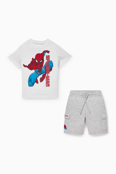 Dětské - Spider-Man - souprava - tričko s krátkým rukávem a teplákové šortky - 2dílná - světle šedá-žíhaná