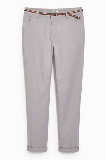 Dámské - Plátěné kalhoty s páskem - tapered fit - světle šedá