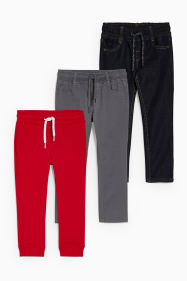 Dětské - Multipack 3 ks - slim jeans, kalhoty a teplákové kalhoty - červená