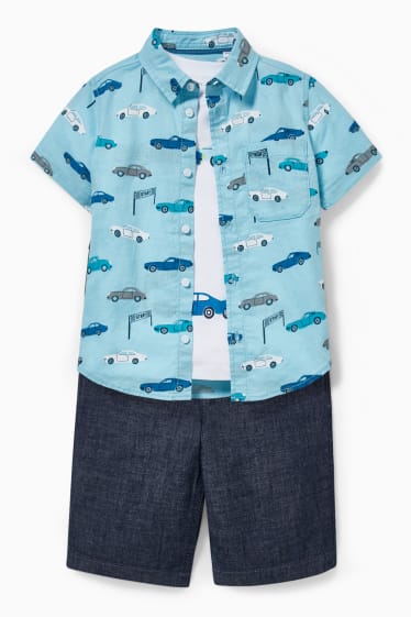 Copii - Mașini - set - cămașă, tricou cu mânecă scurtă și pantaloni scurți - 3 piese - albastru / alb