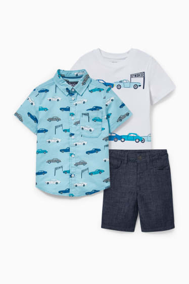 Copii - Mașini - set - cămașă, tricou cu mânecă scurtă și pantaloni scurți - 3 piese - albastru / alb