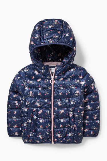 Children - Quilted jacket with hood - floral - dark blue