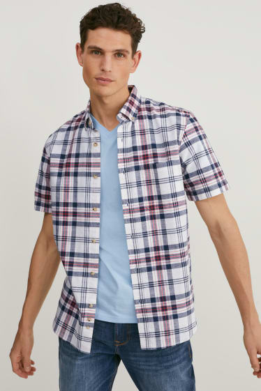 Heren - Overhemd - regular fit - button down - geruit - wit / blauw