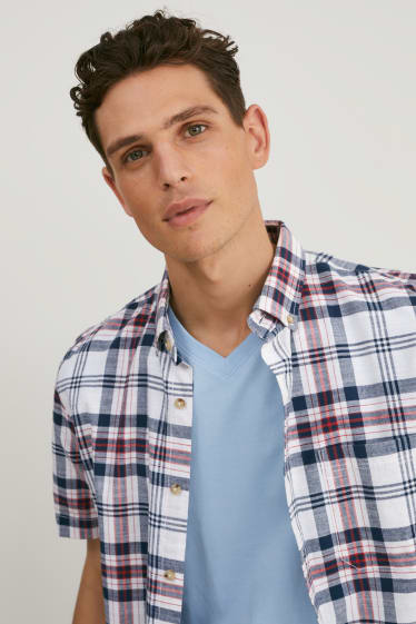 Heren - Overhemd - regular fit - button down - geruit - wit / blauw