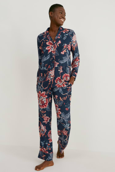 Damen - Pyjama-Oberteil - geblümt - dunkelblau