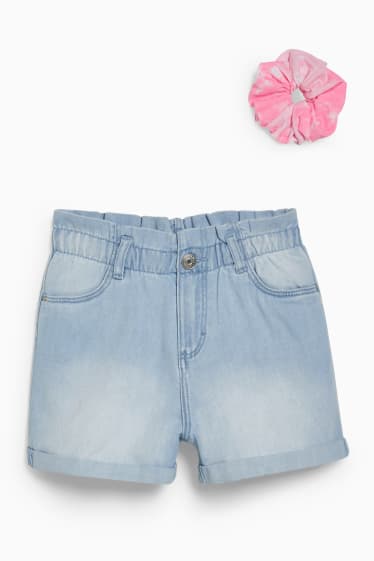 Enfants filles - Ensemble - short en jean et élastique à cheveux - 2 pièces - jean bleu clair