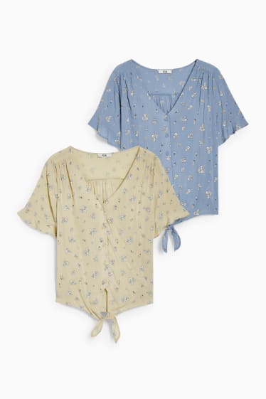 Dames - Set van 2 - blouse met knoop in de stof - lichtblauw