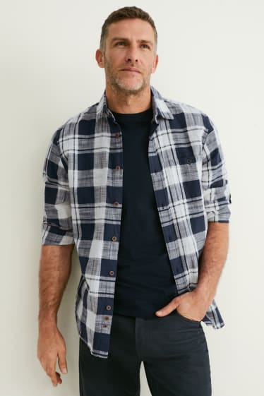 Men - Shirt - regular fit - kent collar - check - dark blue / white
