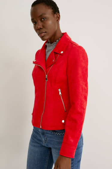 Women - Biker jacket - faux suede  - red