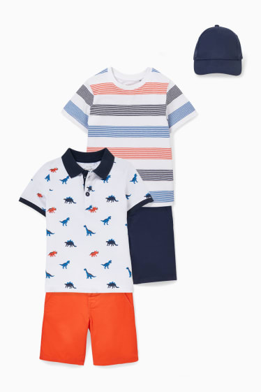 Dzieci - Zestaw - koszulka polo, koszulka z krótkim rękawem, 2 pary szortów i czapka bejsbolowa - ciemnopomarańczowy