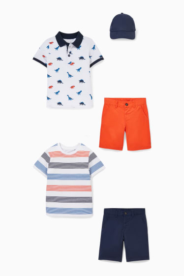 Dětské - Souprava - polokošile, tričko s krátkým rukávem, 2x šortky a kšiltovka - tmavě oranžová