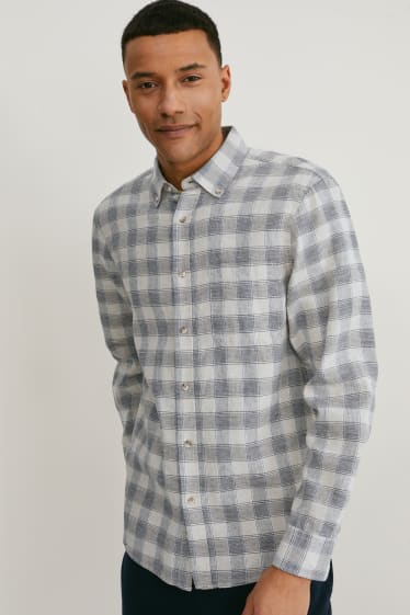 Hombre - Camisa - regular fit - button-down - mezcla de lino - de cuadros - blanco-jaspeado