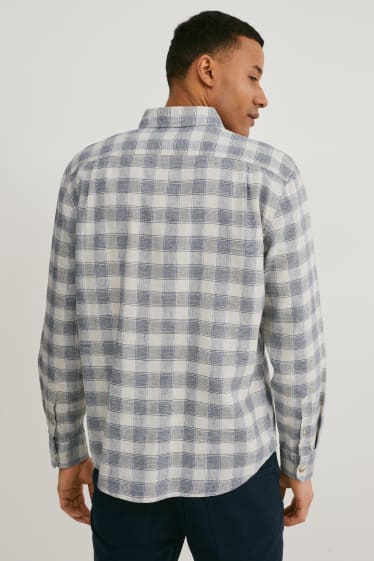 Men - Shirt - regular fit - button-down collar - linen blend - check - white-melange
