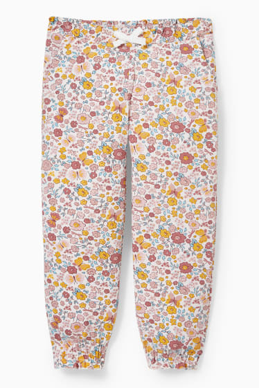 Dětské - Žerzejové kalhoty - s květinovým vzorem - bílá/růžová