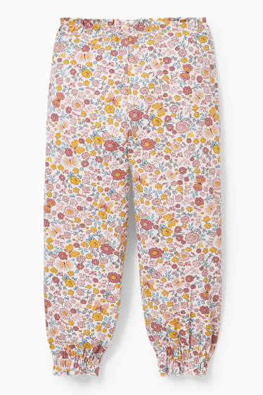Dětské - Žerzejové kalhoty - s květinovým vzorem - bílá/růžová