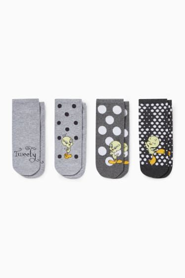 Dámské - Multipack 4 ks - ponožky do tenisek s motivem - Tweety - světle šedá-žíhaná