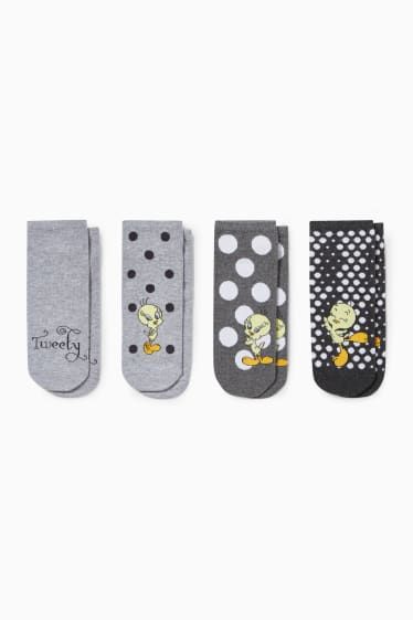 Damen - Multipack 4er - Sneakersocken mit Motiv - Tweety - hellgrau-melange