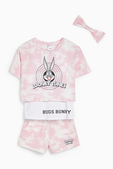 Children - Looney Tunes - set - short sleeve T-shirt, top, shorts and hairband - white / rose