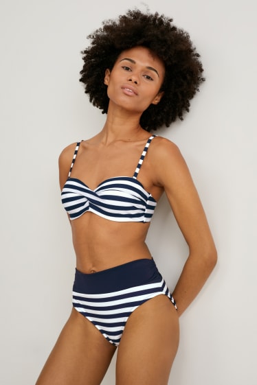 Women - Bikini bottoms with turn-down waistband - striped - white / blue