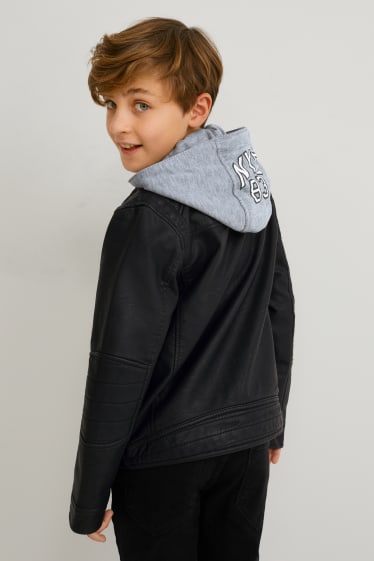 Copii - Jachetă de motociclist cu glugă - imitație de piele - negru
