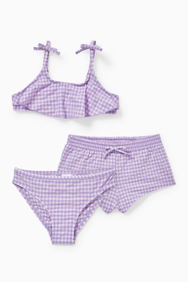 Enfants - Ensemble - haut de bikini et 2 bas de bikini - 3 pièces - à carreaux - violet clair