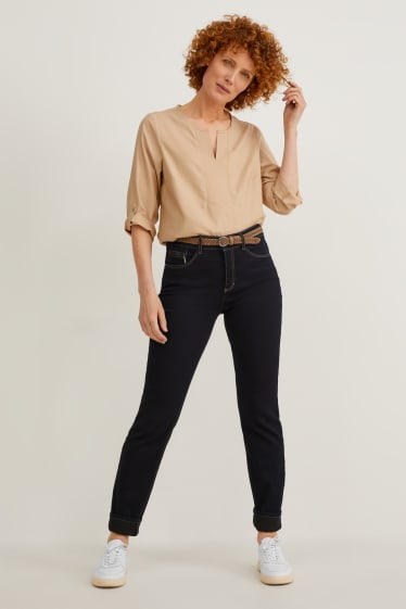 Women - Slim fit jeans with belt - mid waist - denim-dark blue