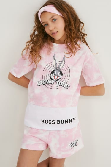 Children - Looney Tunes - set - short sleeve T-shirt, top, shorts and hairband - white / rose