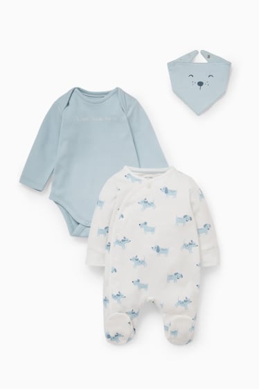 Babies - Set - baby sleepsuit, bodysuit and triangular scarf - 3 piece - light blue