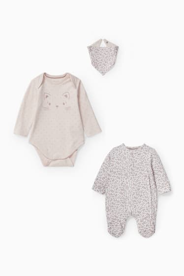 Niemowlęta - Zestaw - niemowlęca piżama, body i trójkątna chusta - 3 części - jasnoróżowy