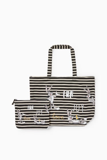 Women - Set - shopper and make-up bag - 2 piece - striped - black