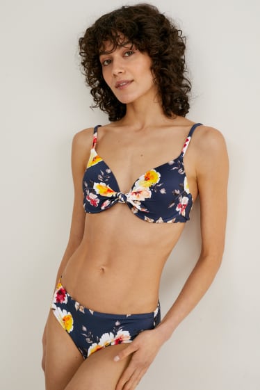 Donna - Slip bikini - vita media - a fiori - blu scuro