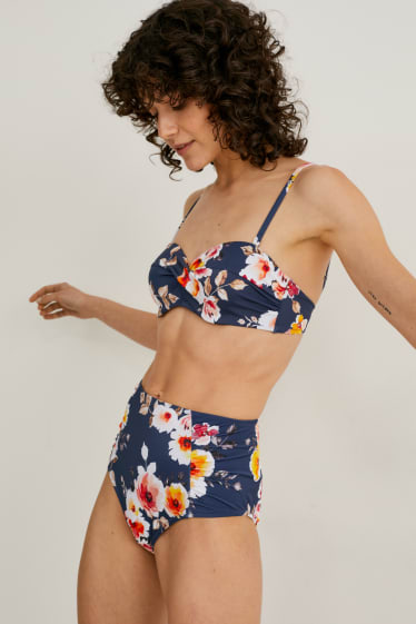 Femmes - Bas de bikini - taille haute - à fleurs - bleu foncé
