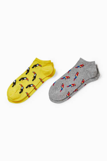 Men - Multipack of 2 - trainer socks with motif - toucan and parrot - gray / yellow