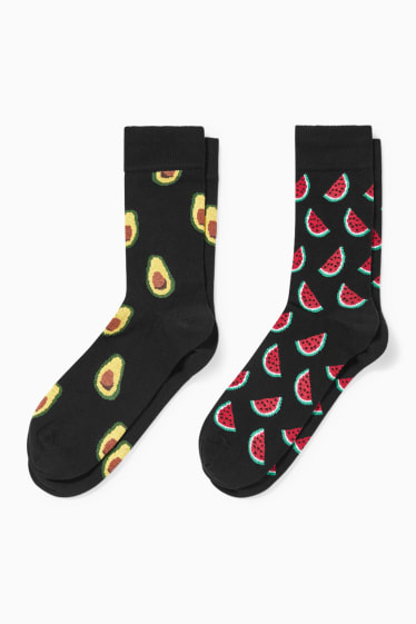 Hommes - Lot de 2 - chaussettes avec motif - fruits - noir