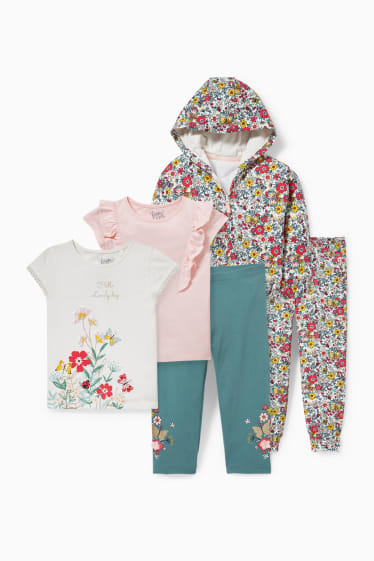 Children - Set - zip-through sweatshirt, 2 short sleeve T-shirts, bottoms and leggings - white / rose