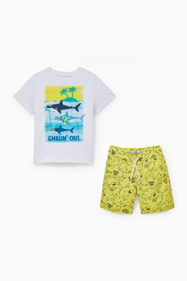 Children - Set - short sleeve T-shirt and shorts - 2 piece - white / yellow