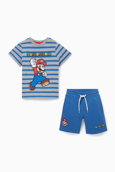 Children - Super Mario - set - short sleeve T-shirt and sweat shorts - 2 piece - gray / dark blue