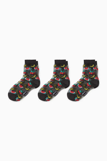 Dames - Set van 3 paar - sokken met motief - vruchten - zwart