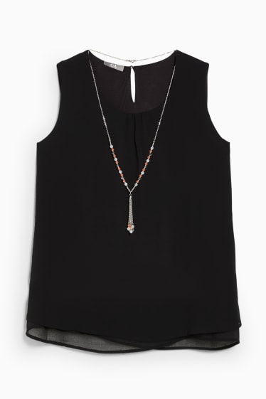 Women - Chiffon blouse top with necklace - black