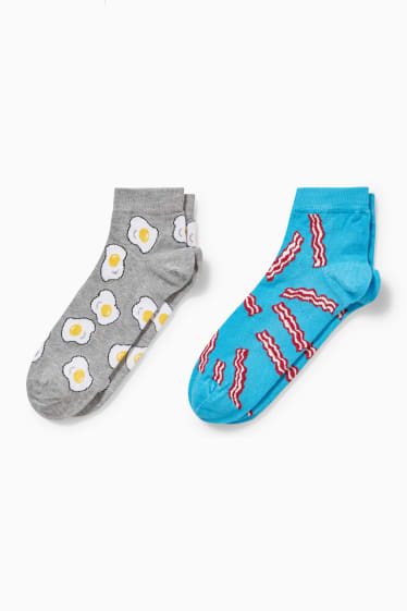 Heren - Set van 2 paar - sokken met motief - eggs and bacon - LYCRA® - grijs / turquoise