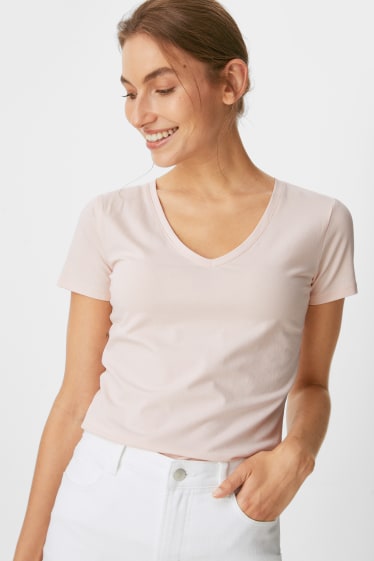 Dames - Set van 2 - basic-T-shirt - wit / roze