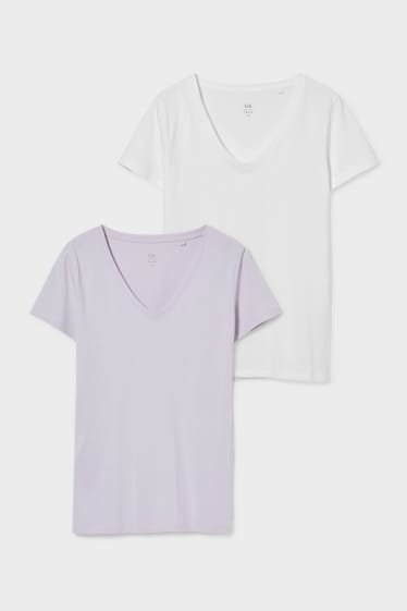 Dames - Set van 2 - basic-T-shirt - paars / wit