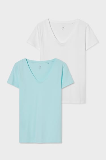 Kobiety - Wielopak, 2 szt. - T-shirt basic - biały / turkusowy