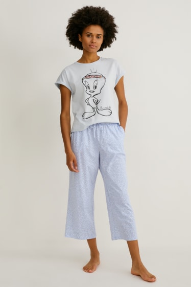 Femei - Pantaloni de pijama - cu flori - albastru deschis