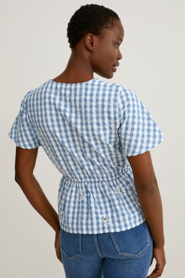 Damen - Bluse - kariert - weiß / blau