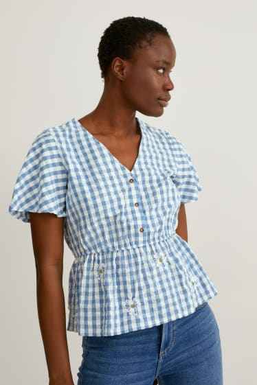 Damen - Bluse - kariert - weiß / blau